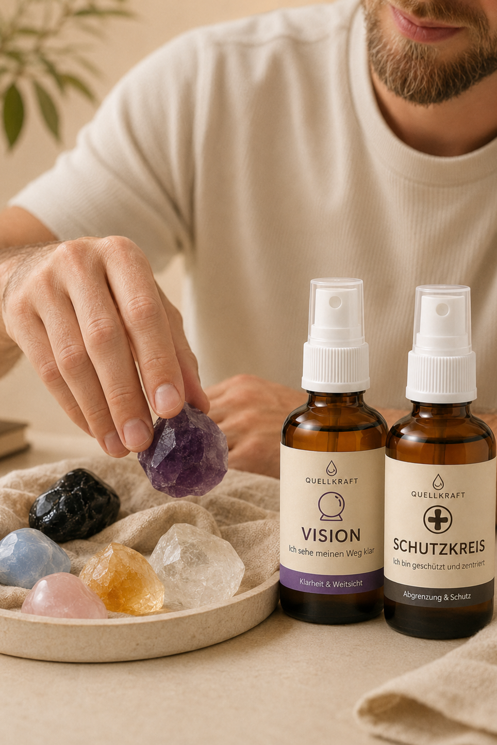 Hand mit Kristallen im Quellwasser – Quellkraft