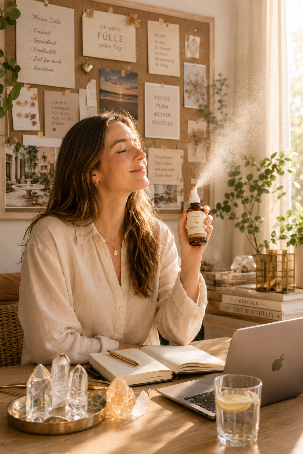 Goldfluss Raumspray in Anwendung – Quellkraft