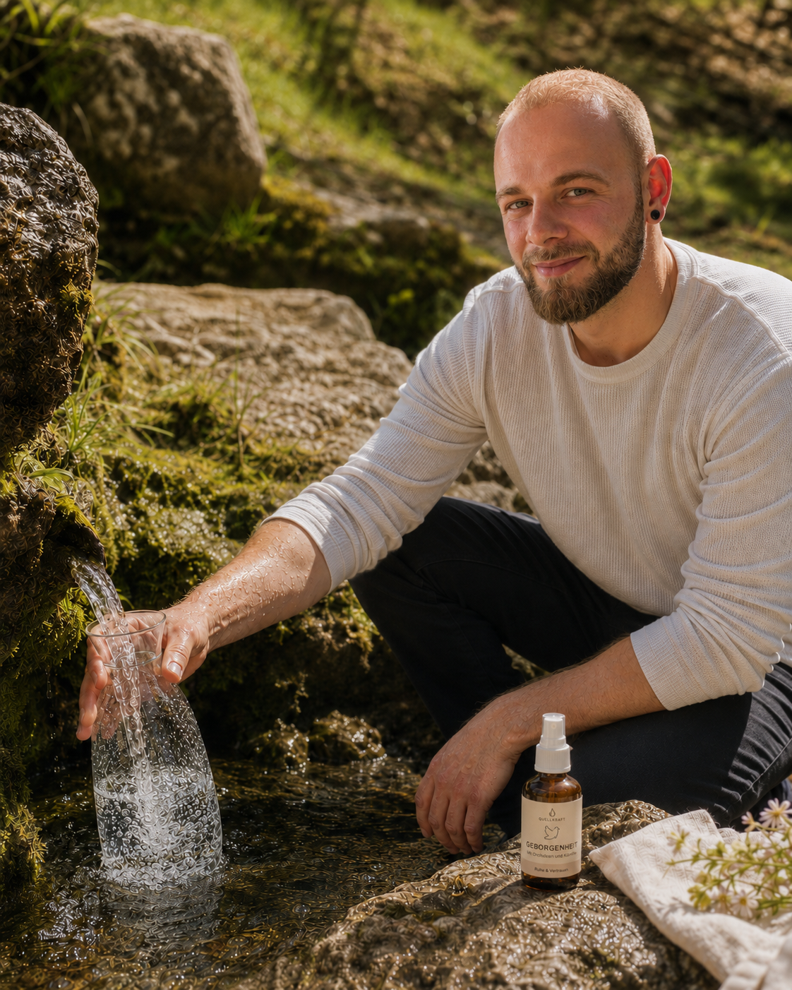 Mario schöpft Quellwasser an der Quelle im Mühlviertel